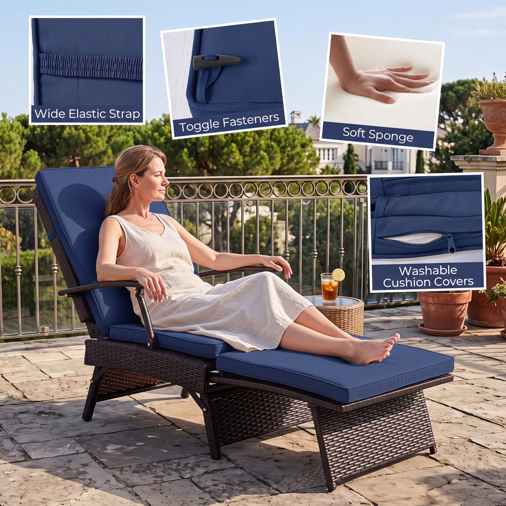 Folding wicker chaise lounge in navy features an adjustable backrest, slide-out ottoman, and washable cushion covers for outdoor comfort.