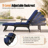 Folding wicker chaise lounge with navy cushions features an 11-level adjustable backrest and slide-out ottoman for outdoor relaxation.
