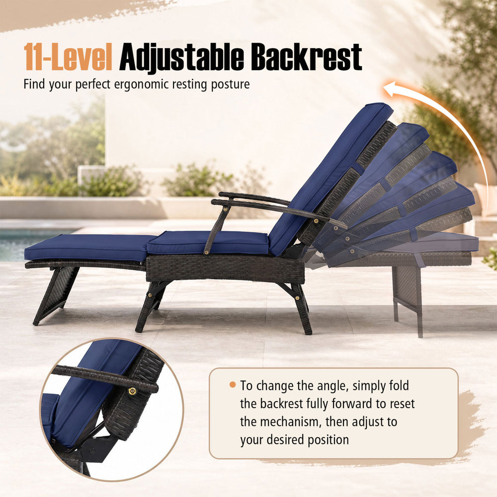 Folding wicker chaise lounge with navy cushions features an 11-level adjustable backrest and slide-out ottoman for outdoor relaxation.