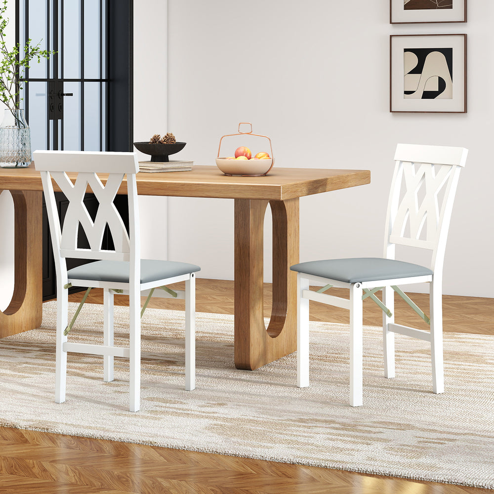 Folding Wooden Dining Chair Set of 2 Faux Leather Upholstered Kitchen Armless Chairs-White - Gallery View 1 of 9