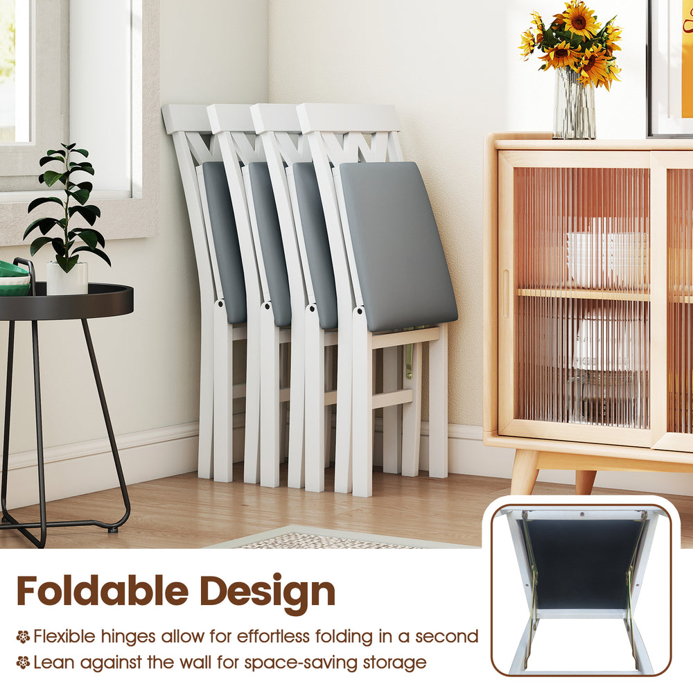 Stacked folding wooden dining chairs with faux leather upholstery, ideal for small spaces and easy storage.