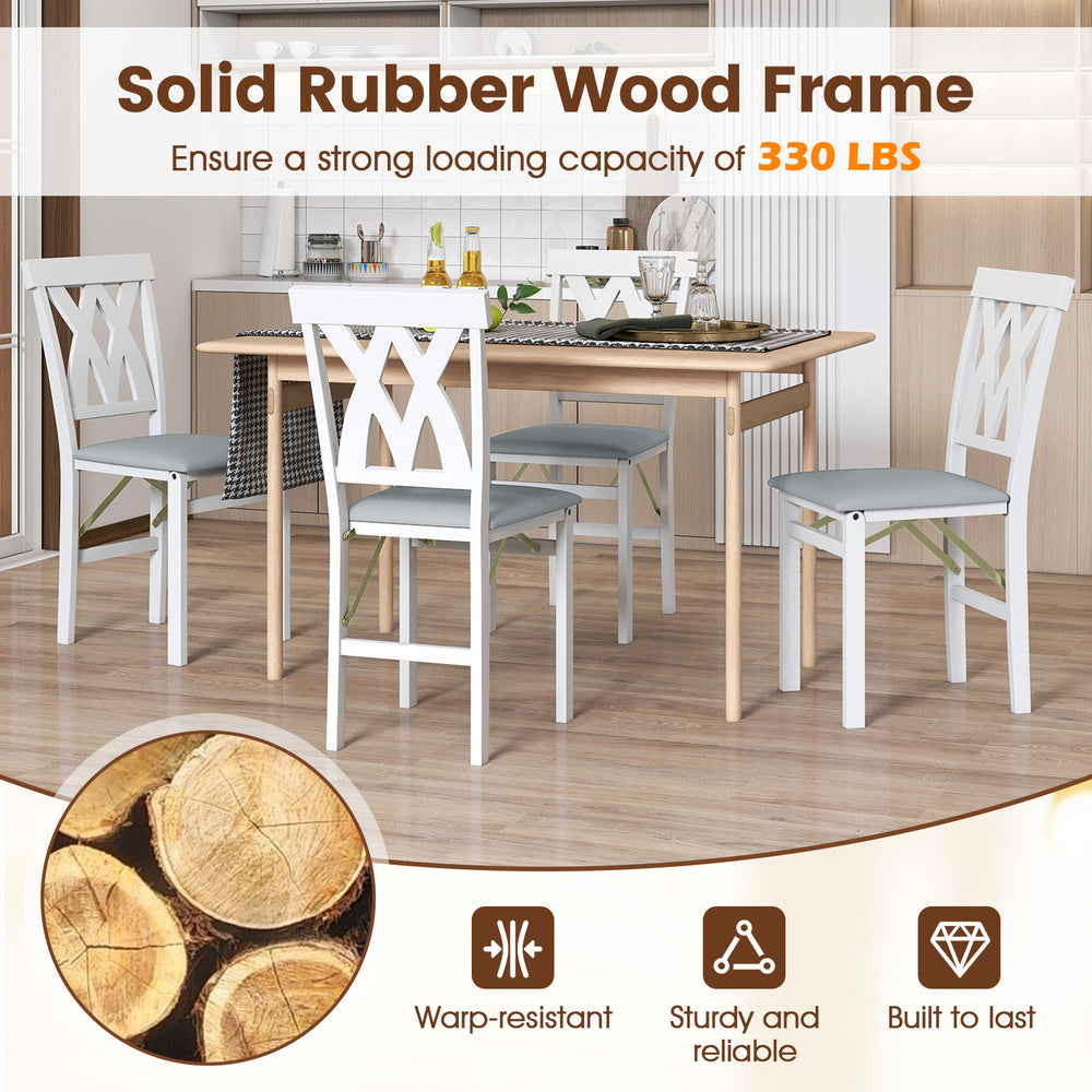 Folding wooden dining chair set of 2 in white with faux leather upholstery, ideal for small spaces and strong support.