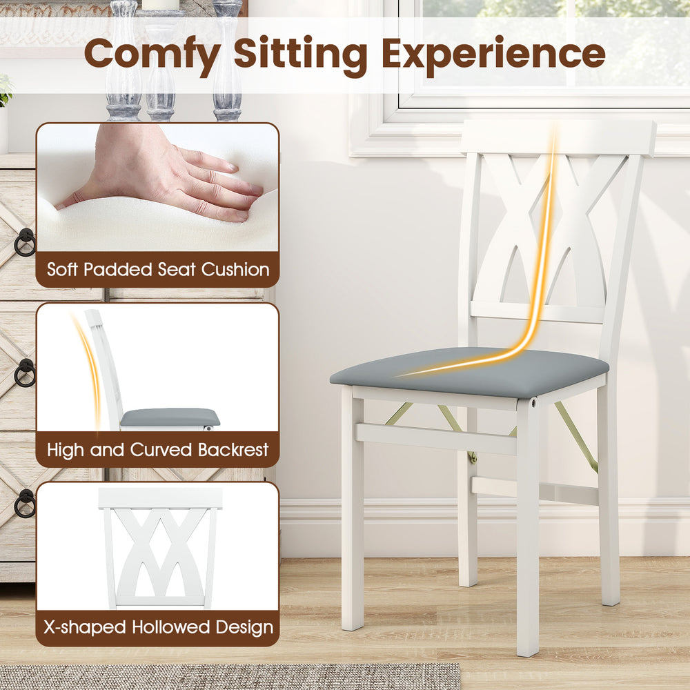 White folding wooden dining chair with soft padded cushion and X-shaped hollowed backrest for comfort and airflow.