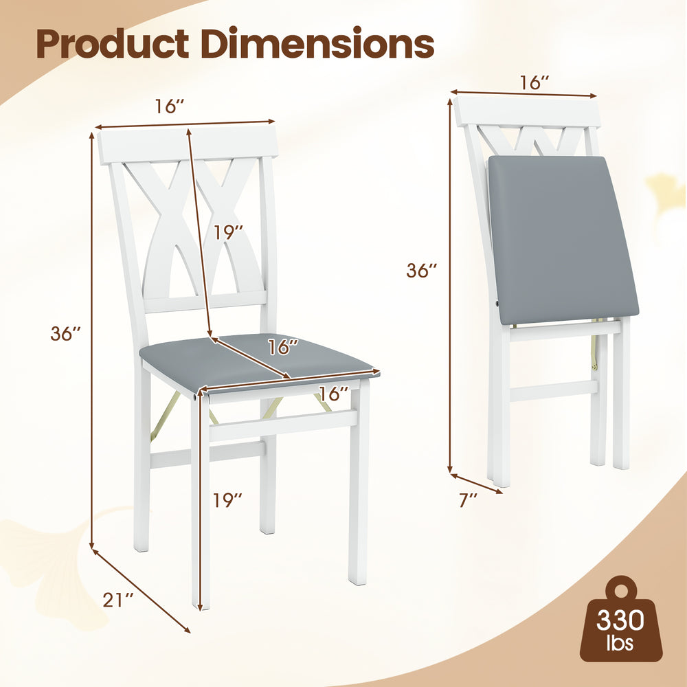 Folding wooden dining chair dimensions with white rubber wood frame and faux leather upholstery, ideal for small spaces.