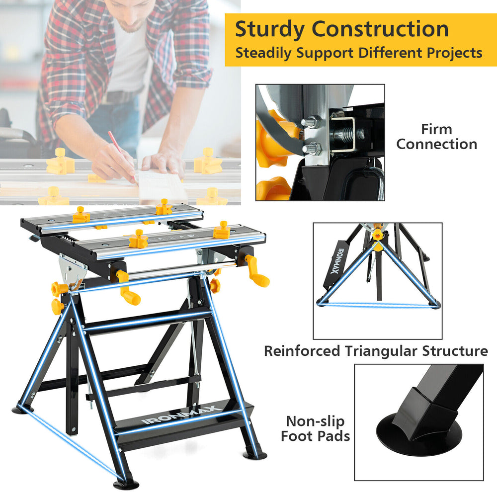 Folding work table with adjustable height and tiltable platform, featuring sturdy aluminum construction and non-slip.