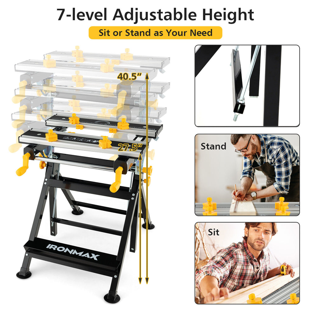 Folding work table with 7-level adjustable height and tiltable platform, ideal for versatile projects and easy storage.
