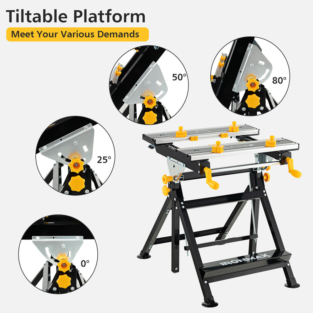 Folding work table with tiltable platform at 50°, featuring adjustable height and sturdy aluminum construction for.