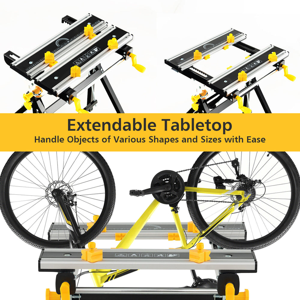 Folding work table with extendable tabletop, adjustable height, and tiltable platform for versatile project needs.