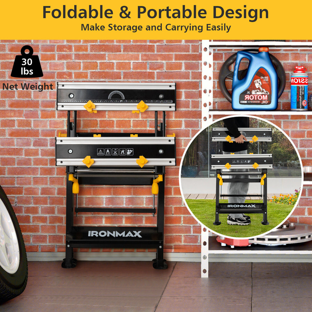 Folding work table with adjustable height and tiltable platform, featuring a portable design for easy storage and use.