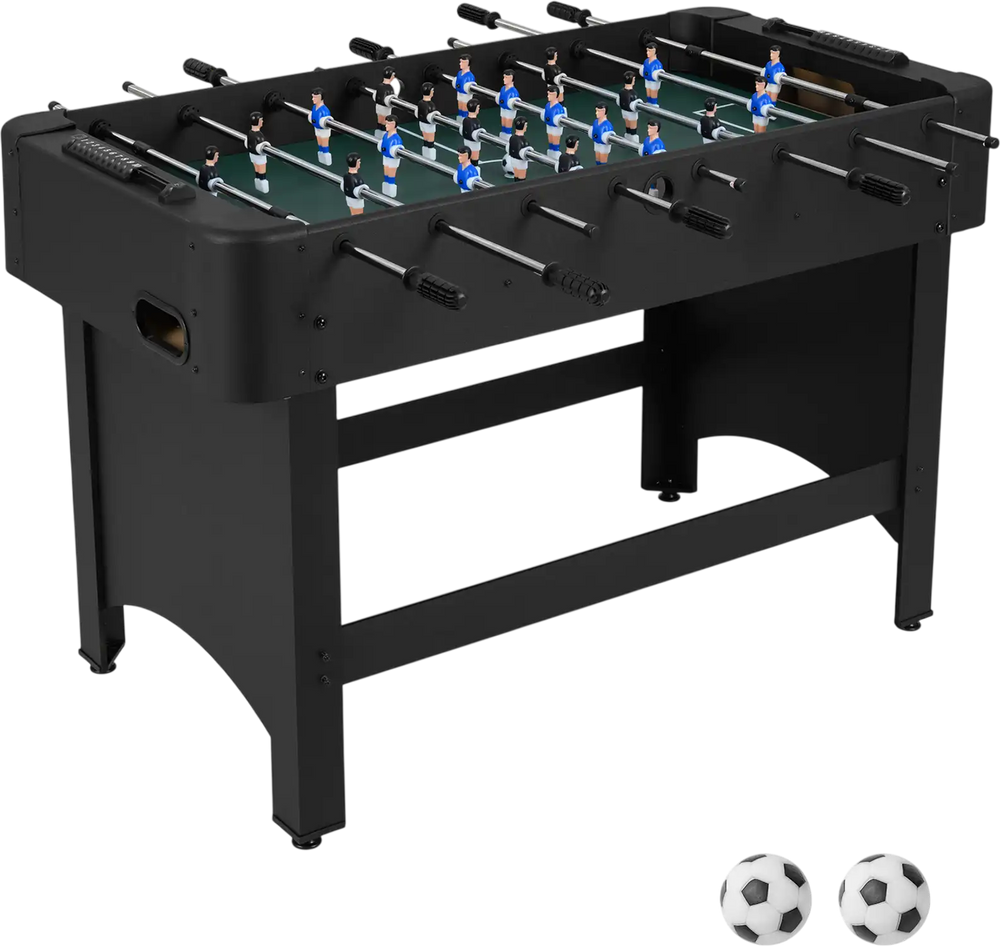 Full-size black foosball table with 22 players, sturdy legs, and smooth gameplay features for home and game rooms.
