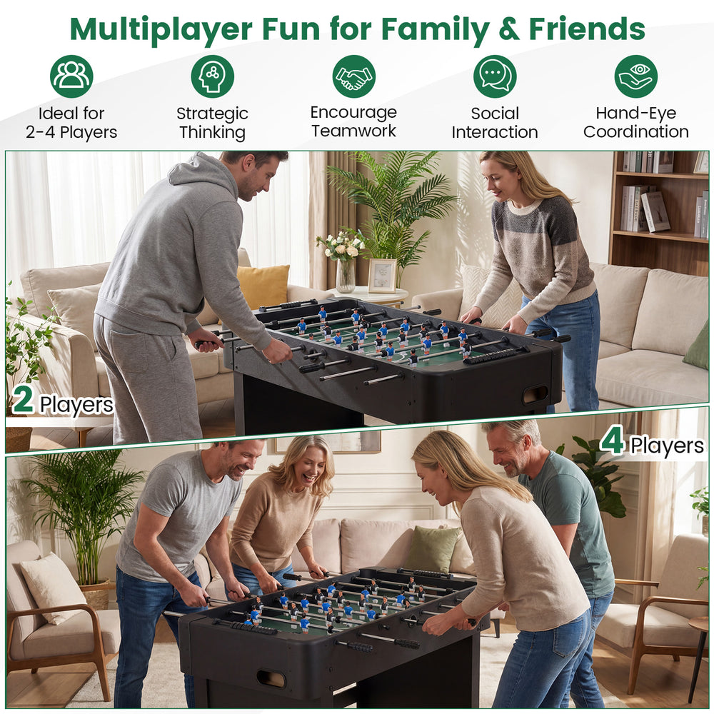 Foosball table with 22 players, sturdy legs, and adjustable foot pads, ideal for 2-4 players in game rooms or parties.