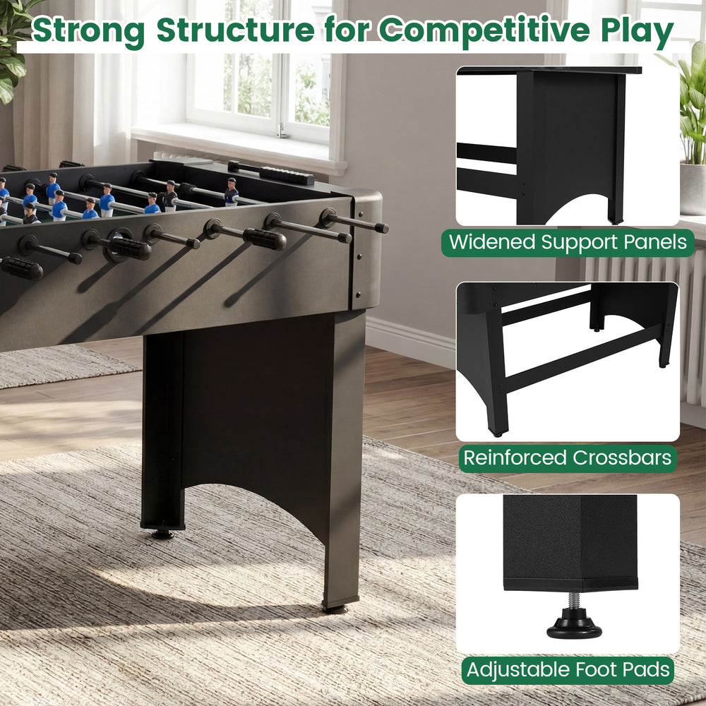 Foosball table with sturdy legs, reinforced crossbars, and adjustable foot pads for stable, competitive gameplay.