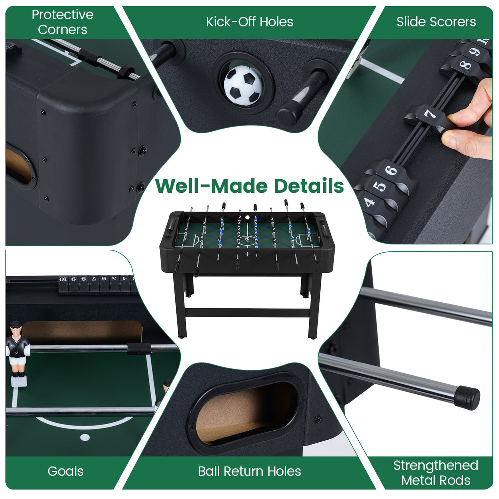 Foosball table with reinforced metal rods, slide scorers, and kick-off holes for immersive gameplay and stability.