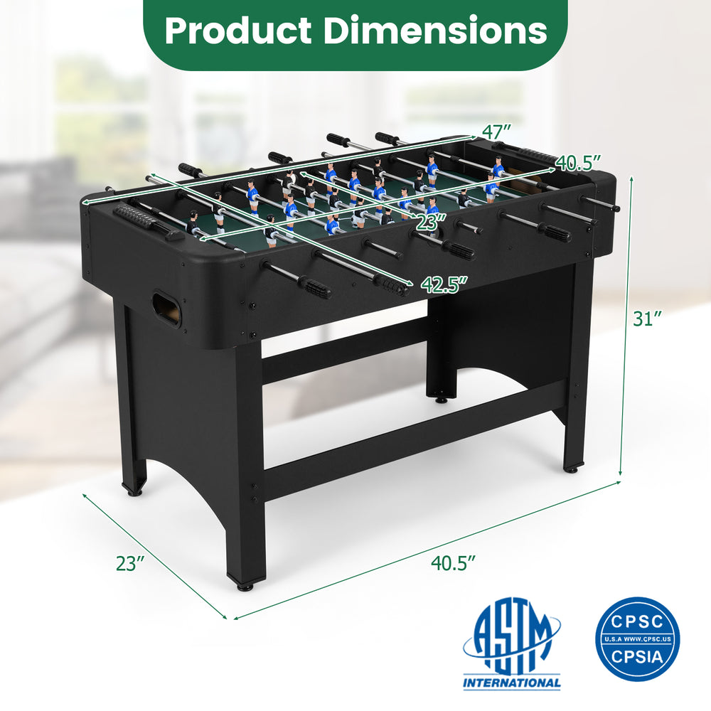 Foosball table dimensions with sturdy legs, reinforced rods, and realistic field layout for competitive gameplay.