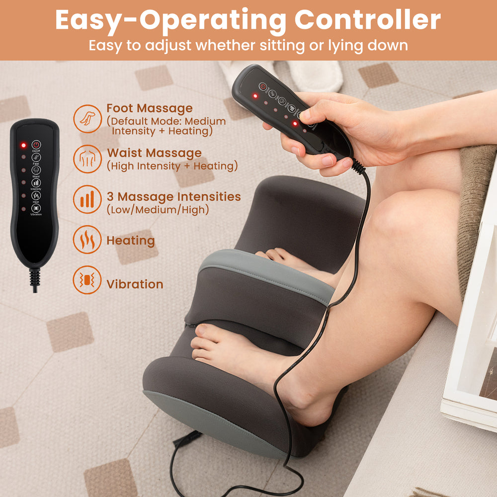 Foot and calf massager in gray with wired controller, offering kneading, heat, and vibration for soothing muscle relief.