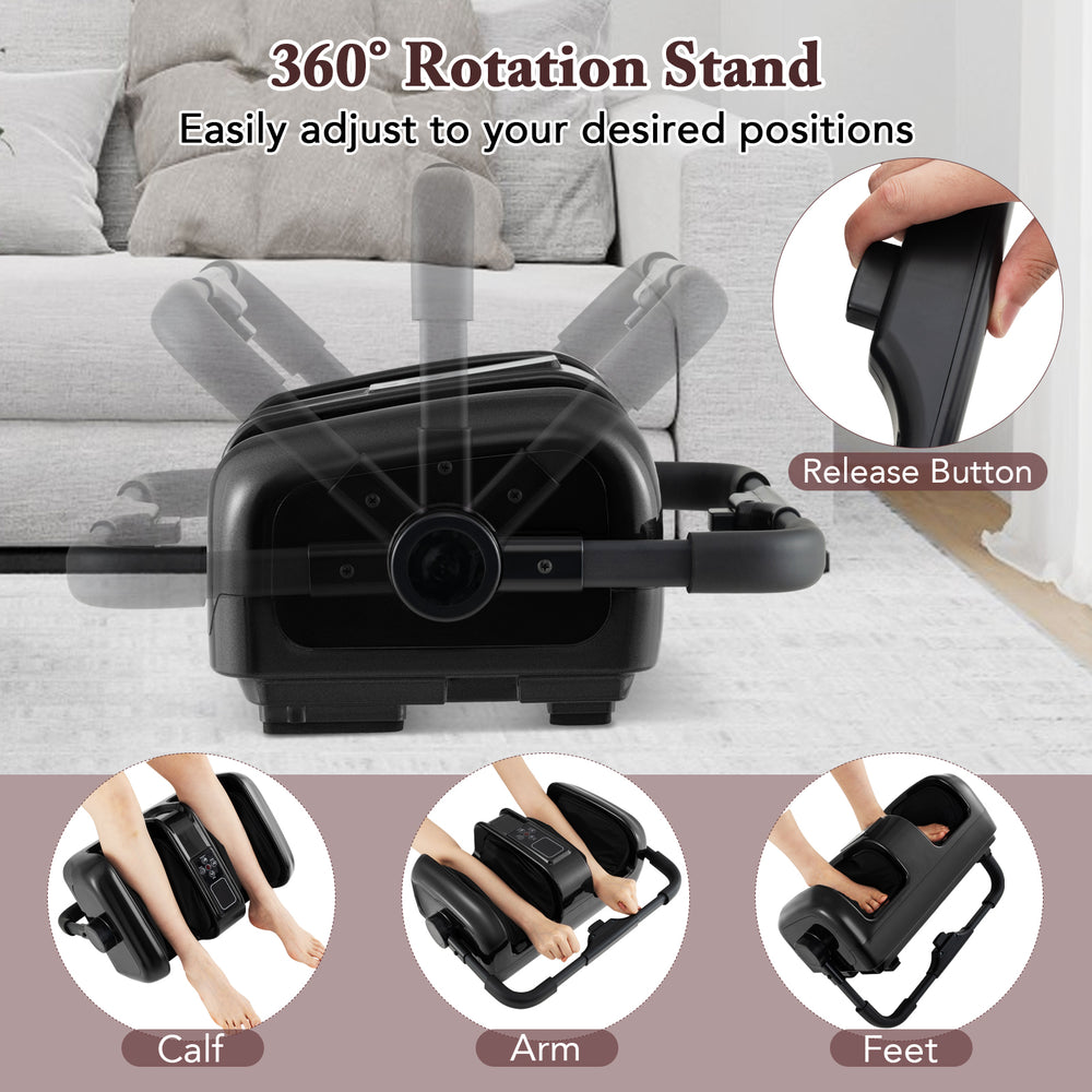 Foot and calf massager with 360° rotation stand, featuring shiatsu, heat, and customizable massage modes for relaxation.