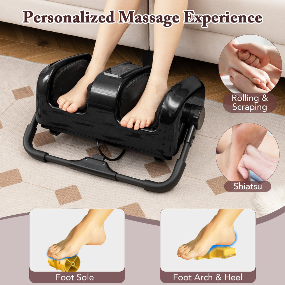 Foot and calf massager in black with heat, featuring shiatsu and rolling massage for relaxation and pain relief.
