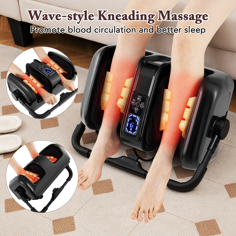 Foot and calf massager in black with heat, showcasing wave-style kneading for pain relief and relaxation at home.
