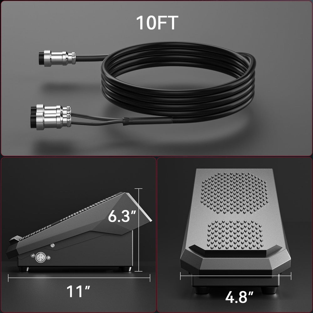 10ft cable and foot pedal dimensions (11 in length, 4.8 in width, 6.3 in height)