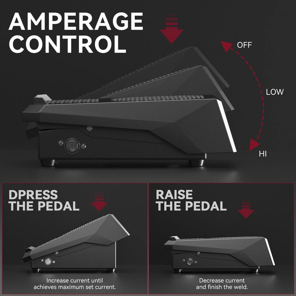 Amperage control operation diagram for ARCCAPTAIN foot pedal (press to increase, raise to decrease)