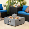 Square 28-inch propane fire pit with fountain, gray magnesium oxide, includes lava rocks and PVC cover for outdoor.