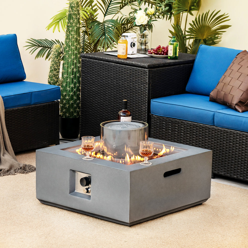 Square 28-inch propane fire pit with fountain, gray magnesium oxide, includes lava rocks and PVC cover for outdoor.