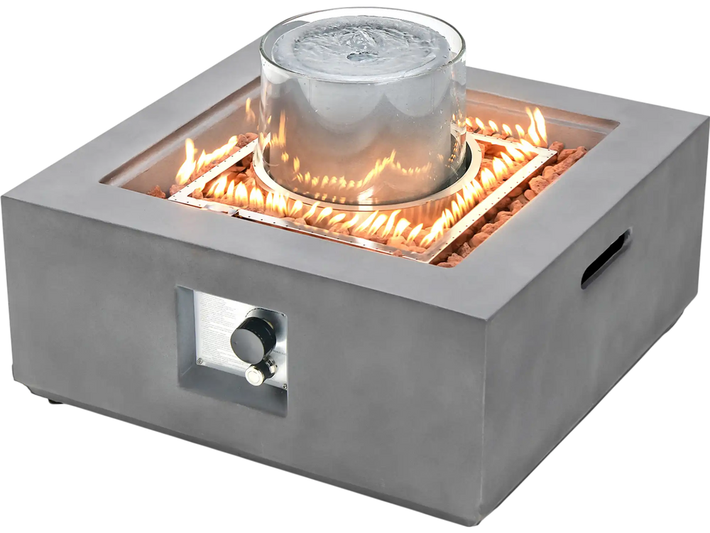 Square propane fire pit with fountain, 50,000 BTU output, gray magnesium oxide, includes PVC cover and lava rocks.