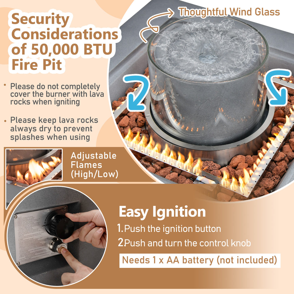 28-inch 50,000 BTU patio square propane fire pit with wind glass and lava rocks, ideal for outdoor warmth and ambiance.