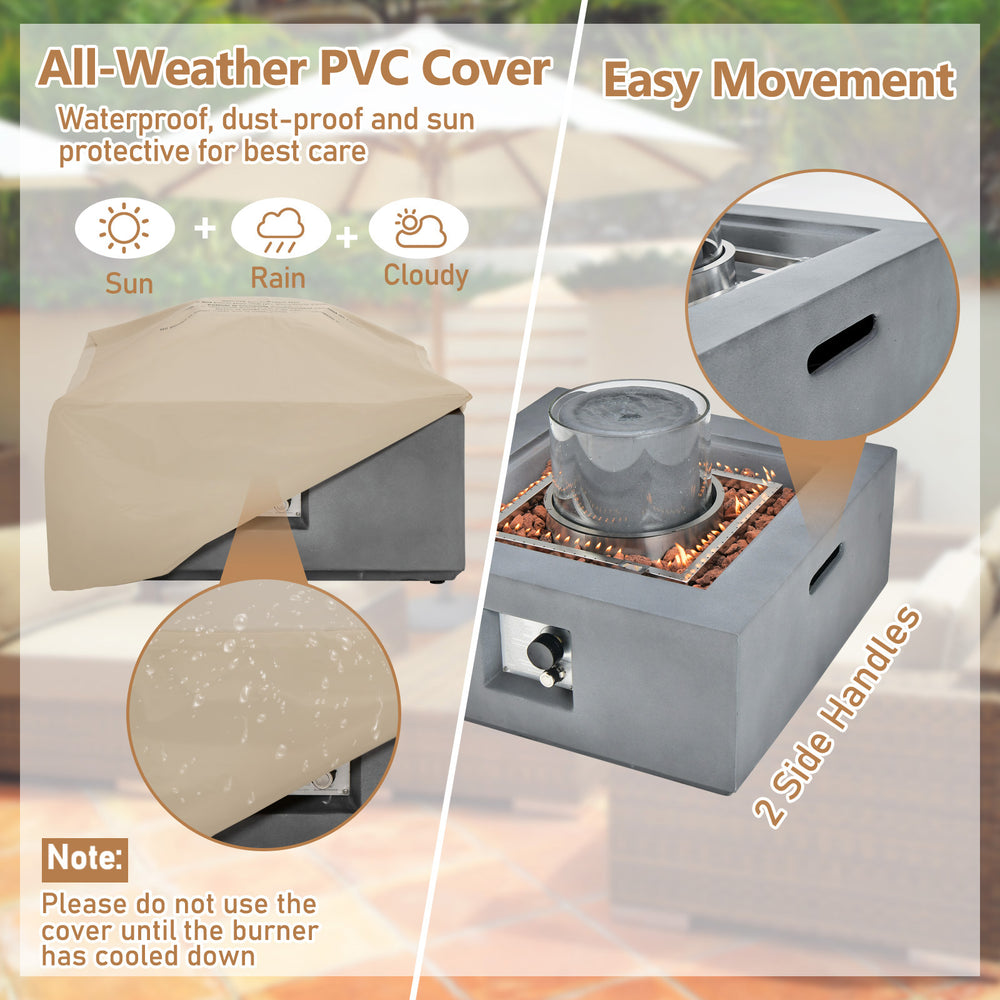 28-inch gray propane fire pit with PVC cover, featuring a fountain and lava rocks for outdoor warmth and elegance.