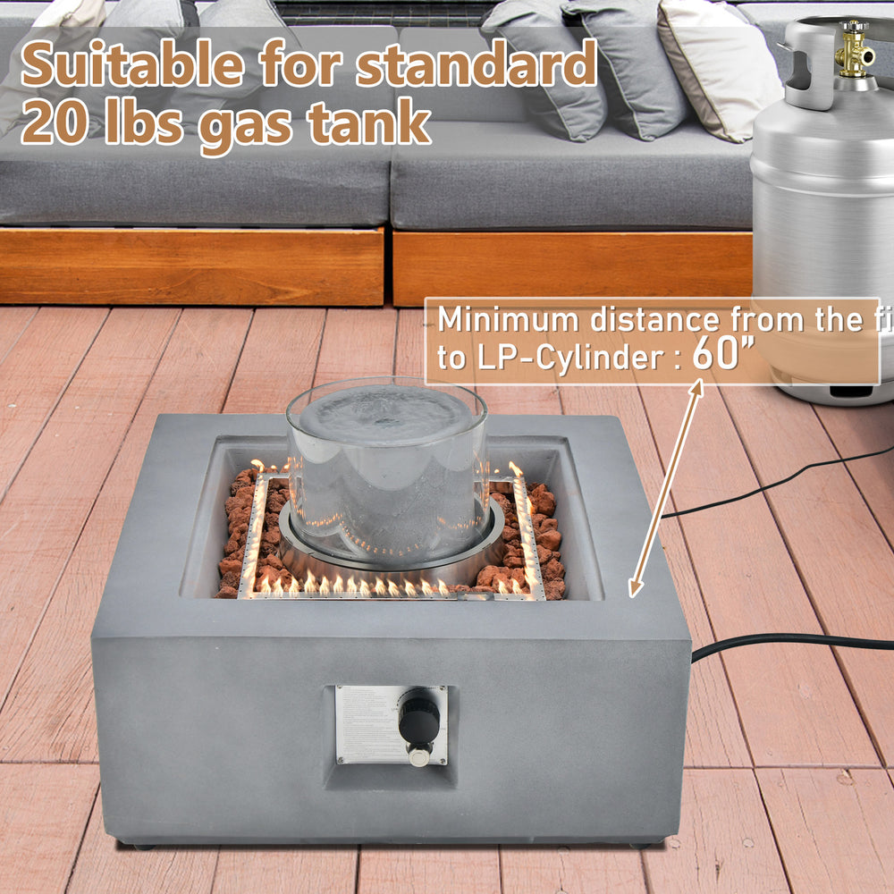 28-inch gray propane fire pit with fountain, lava rocks, and PVC cover, suitable for standard 20 lbs gas tank.