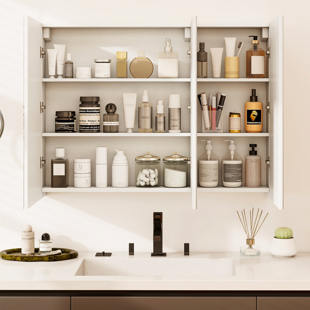 Frameless bathroom wall-mounted mirror cabinet with three mirrored doors and ample storage for cosmetics and toiletries.