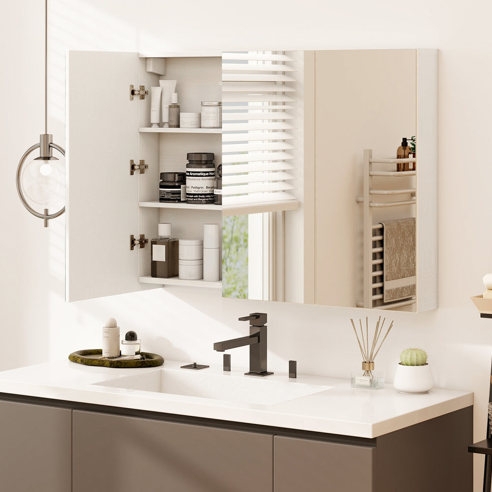 Frameless bathroom wall-mounted mirror cabinet with three mirrored doors and ample storage compartments for organized.