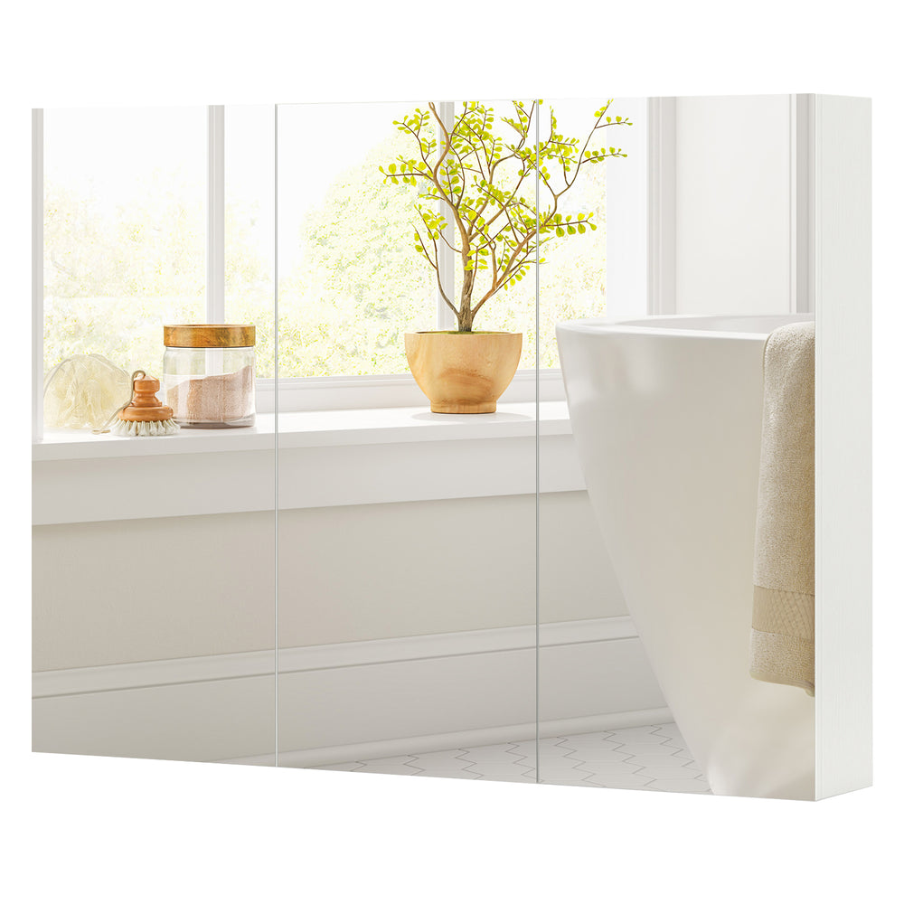 Frameless bathroom wall-mounted mirror cabinet with 3 mirrored doors and ample storage for organized essentials.