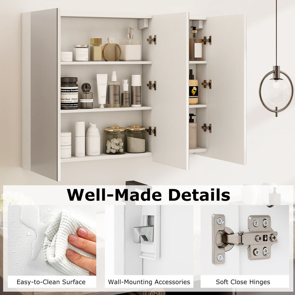 Frameless bathroom wall-mounted mirror cabinet with 3 mirrored doors and ample storage for versatile placement.