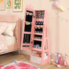 Free-standing pink kids jewelry armoire with full-length mirror and ample storage compartments for organized.