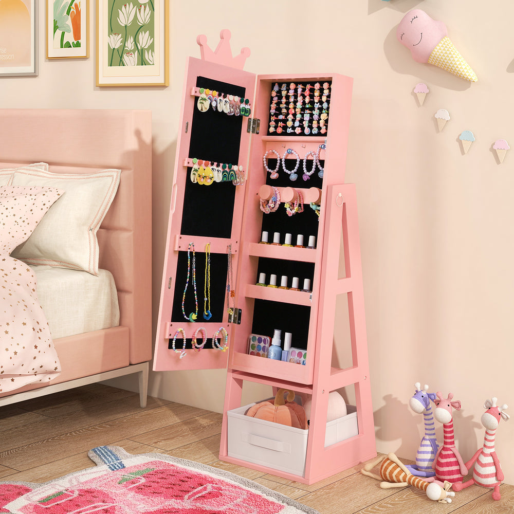 Free-Standing Full Length Kids Jewelry Armoire Cabinet with Storage Capacity-Pink - Gallery View 1 of 9