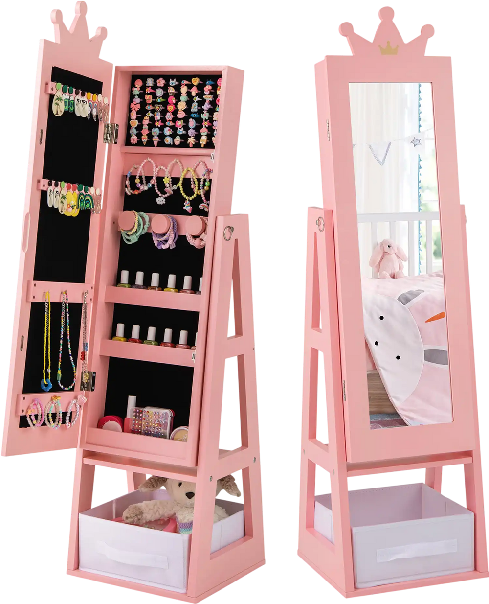 Free-standing pink kids jewelry armoire with full-length mirror and multiple storage compartments for organized.
