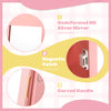 Curved handle and magnetic catch detail of the pink free-standing kids jewelry armoire with full-length mirror.
