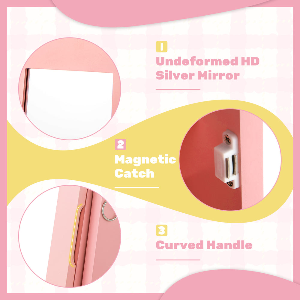 Curved handle and magnetic catch detail of the pink free-standing kids jewelry armoire with full-length mirror.