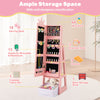 Free-standing pink kids jewelry armoire with full-length mirror, 64 ring slots, and ample storage for accessories.