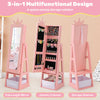 Free-standing pink kids jewelry armoire with full-length mirror, storage shelves, and multiple compartments for.