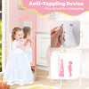 Free-standing pink kids jewelry armoire cabinet with full-length mirror and anti-toppling device for added safety.