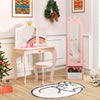 Free-standing pink kids jewelry armoire with full-length mirror and storage compartments, perfect for organizing.
