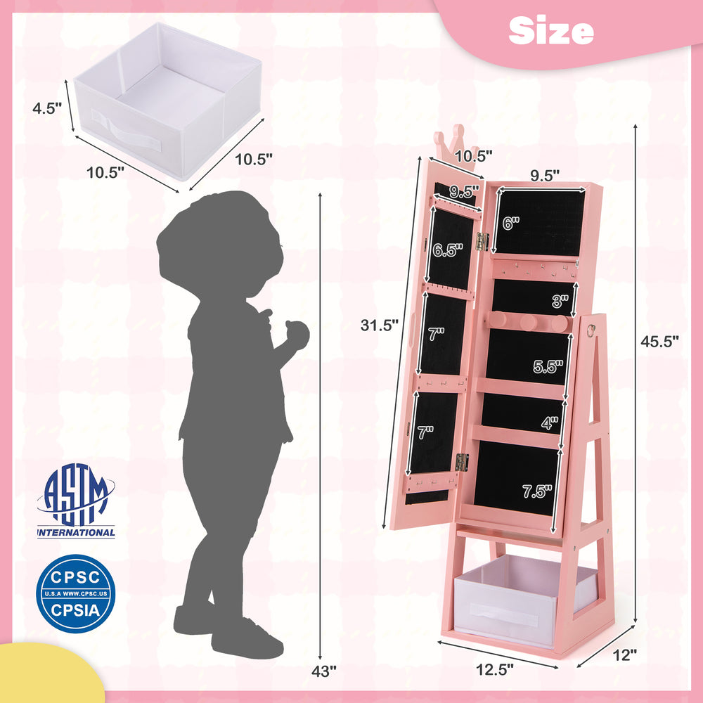 Free-standing pink kids jewelry armoire cabinet with full-length mirror and storage compartments, ideal for organizing.