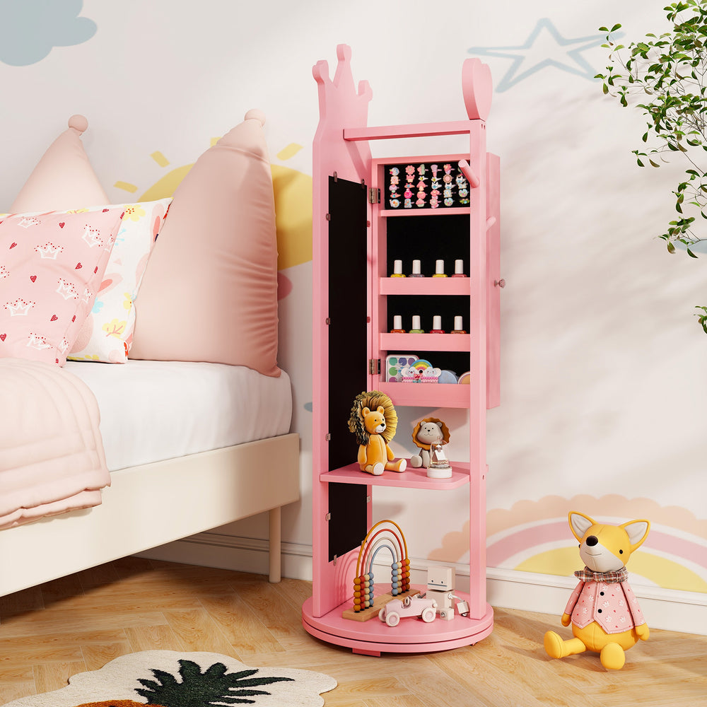 Free-Standing Full Length Mirror Kids Jewelry Armoire Cabinet-Pink - Gallery View 1 of 11