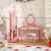 Pink free-standing full-length mirror and jewelry armoire with storage, perfect for kids' rooms and organization.