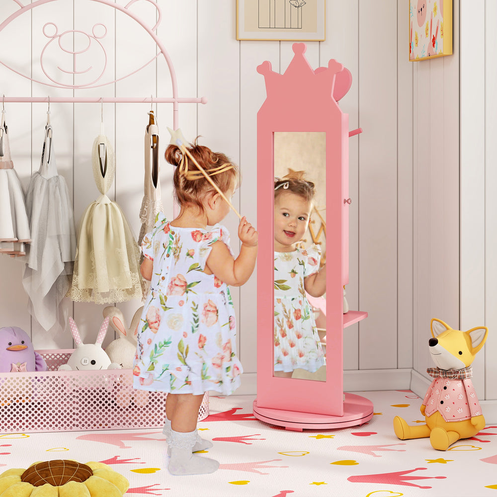 Free-standing pink full-length mirror with jewelry storage and cloth rack, ideal for kids' rooms and play areas.