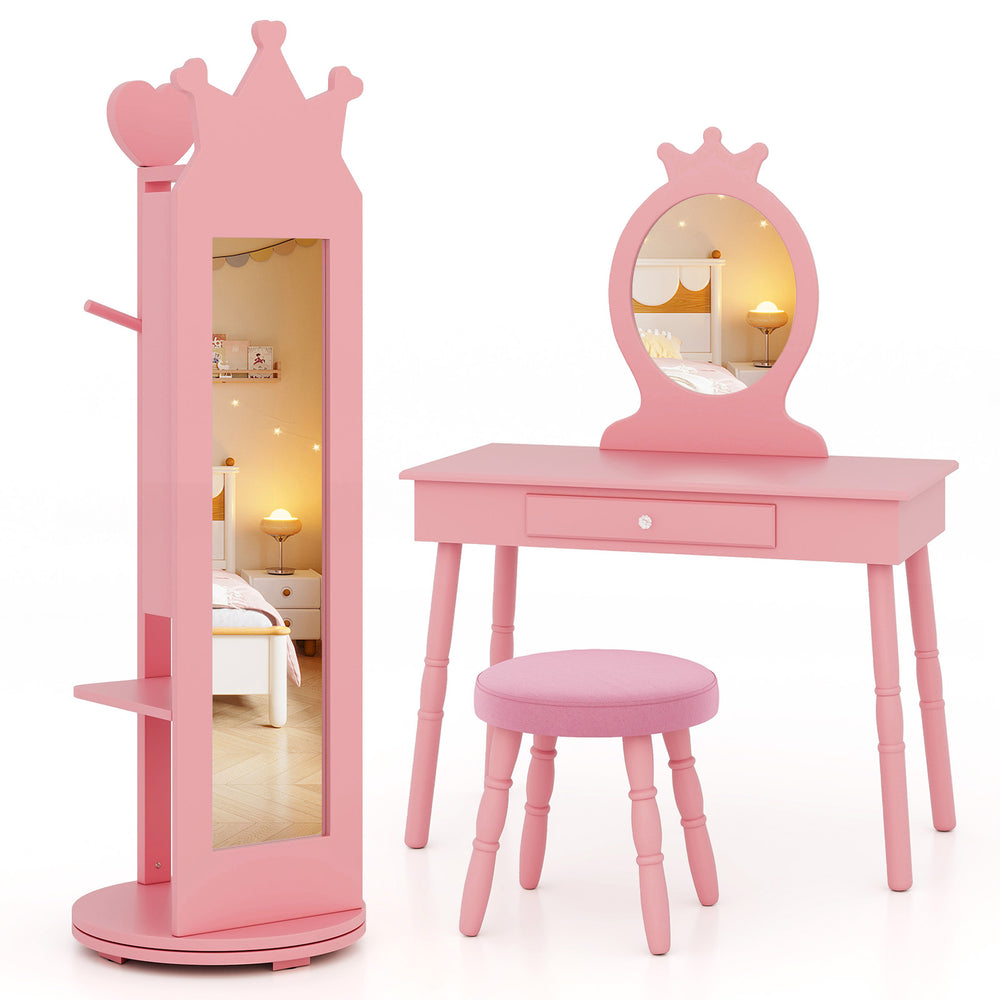 Free-standing pink jewelry armoire with full-length mirror, storage shelves, and swivel base for kids' rooms.