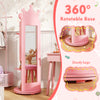 Free-standing pink full-length mirror jewelry armoire with 360° rotatable base and sturdy legs for kids' storage.