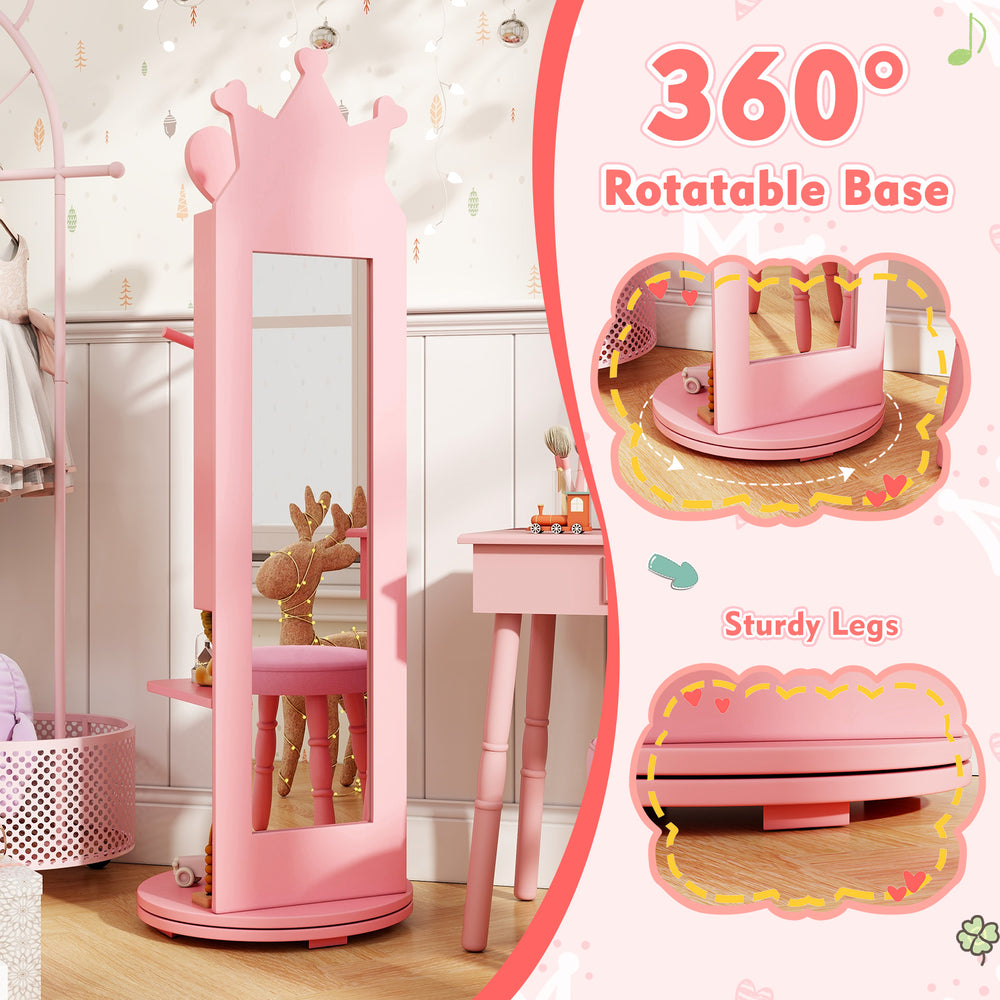Free-standing pink full-length mirror jewelry armoire with 360° rotatable base and sturdy legs for kids' storage.